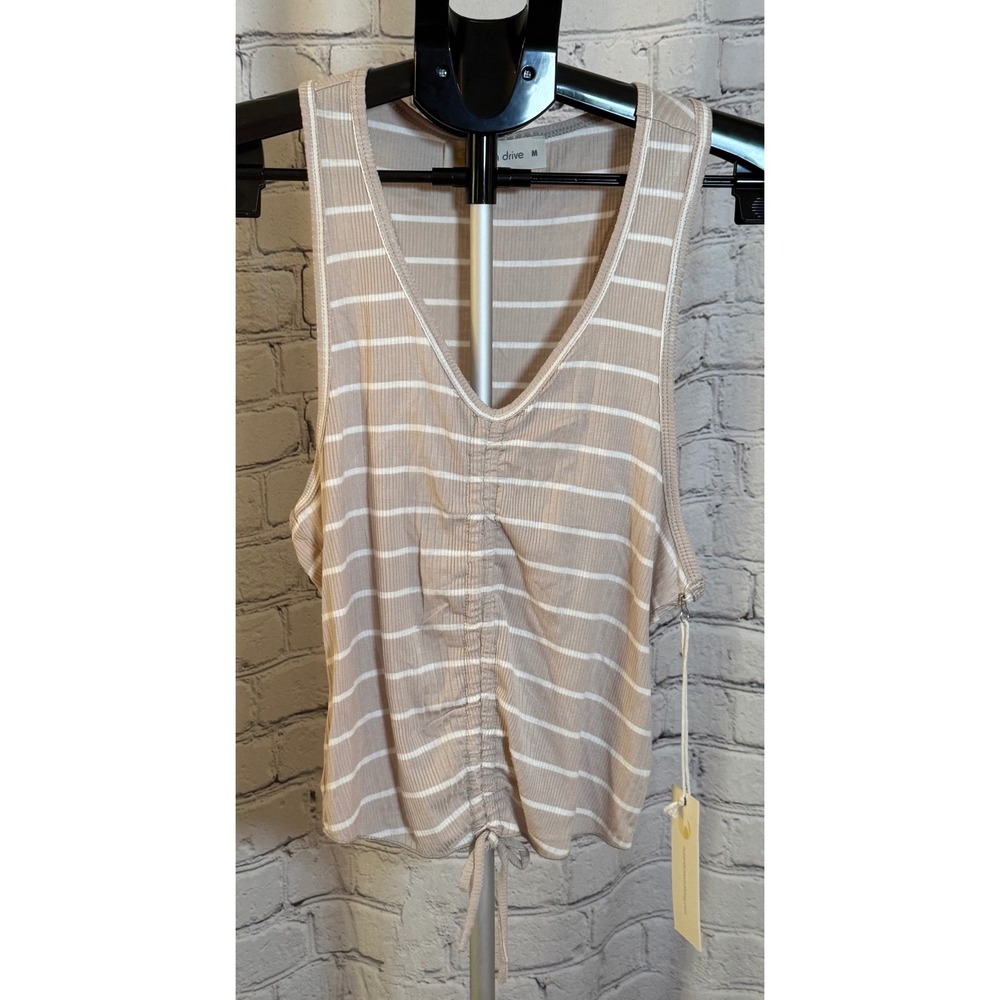 Ocean Drive Tan White Striped Ribbed V-Neck Cinched Tie Front Tank Top Medium
